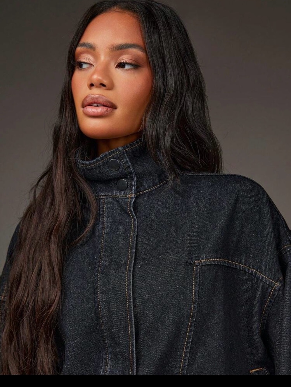 Funnel Neck Black Denim Jacket Stylish oversized fit - Women Large NWT
